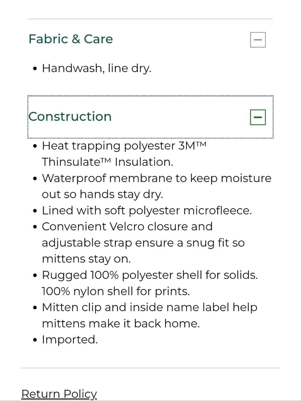 LL Bean Cold Buster Waterproof Mittens